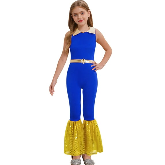 Miutii Kids Girls Sleeveless Sequin Flare Bell Bottom Jumpsuit Pants Color Block Belted Prom Leotard Blue 8