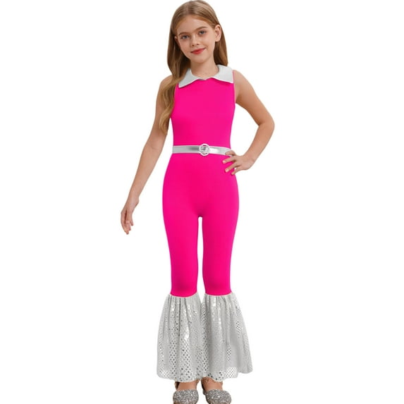 Miutii Kids Girls Sleeveless Sequin Flare Bell Bottom Jumpsuit Pants Color Block Belted Prom Leotard Hot Pink 10