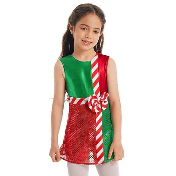 Miutii Kids Girls Sleeveless Sequins Back Cutout Dance Dress Christmas Santa Claus Stage Performance Clothes Green 8