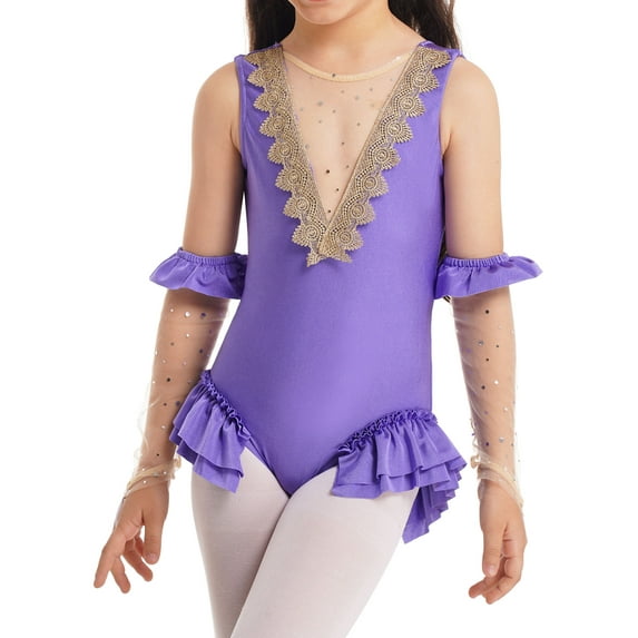 Miutii Kids Girls Sparkle Circus Show Trapeze Costume Dance Leotard with Mesh Gloves Performance Lavender 6