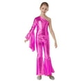 thumbnail image 1 of Miutii Kids Girls Sparkle One Shoulder Long Sleeve Wide Leg Romper Flare Bell Bottom Playsuit Hot Pink 6, 1 of 5