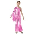 thumbnail image 1 of Miutii Kids Girls Sparkle One Shoulder Long Sleeve Wide Leg Romper Flare Bell Bottom Playsuit Pink 8, 1 of 5