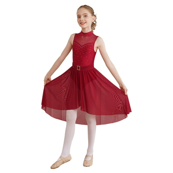 Miutii Kids Girls Sparkly Ballet Leotard Dress Lyrical Contemporary Modern Ballroom Dancing Costume Burgundy 16