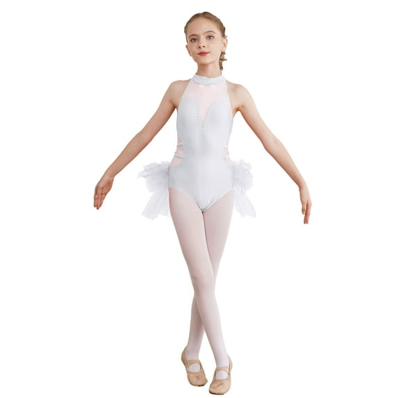 Miutii Kids Girls Sparkly Diamond Figure Skating Costume Sleeveless Ballet Dance Skirted Leotards White 6
