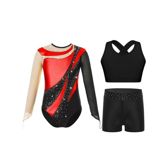 Miutii Kids Girls Sparkly Diamond Long Sleeve Ballet Dance Gymnastics Athletic Leotard Bodysuit Vest and Shorts Set Red 14