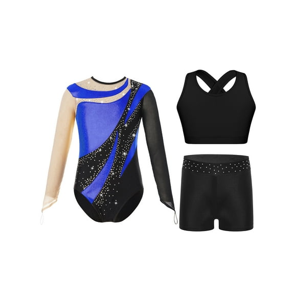 Miutii Kids Girls Sparkly Diamond Long Sleeve Ballet Dance Gymnastics Athletic Leotard Bodysuit Vest and Shorts Set Royal Blue 10