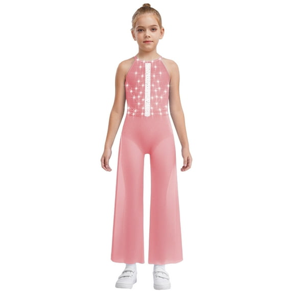 Miutii Kids Girls Sparkly Jumpsuit Sleeveless Full Bodysuit Halter Leotard Sheer Wide Leg Romper Pants Overalls Pink 12