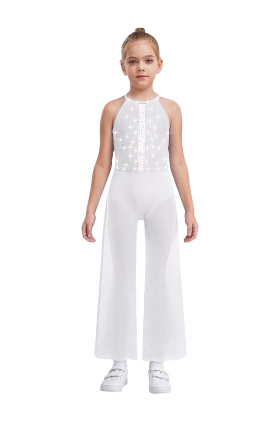 Kids Girls Sparkly Jumpsuit Sleeveless Full Bodysuit Halter Leotard Sheer Wide Leg Romper Pants Overalls White 16