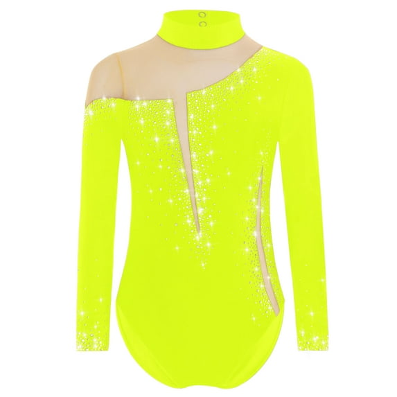 Miutii Kids Girls Sparkly Long Sleeve Gymnastics Leotard Figure Skating Dance Competition Bodysuit Dancewear Fluorescent Yellow 10