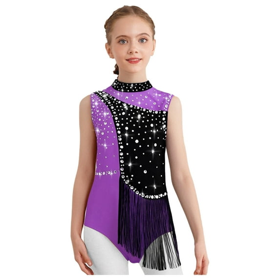 Miutii Kids Girls Sparkly Rhinestone Gymnastics Leotard Fringe Tassel Figure Skating Sleeveless Dance Bodysuit Purple 8