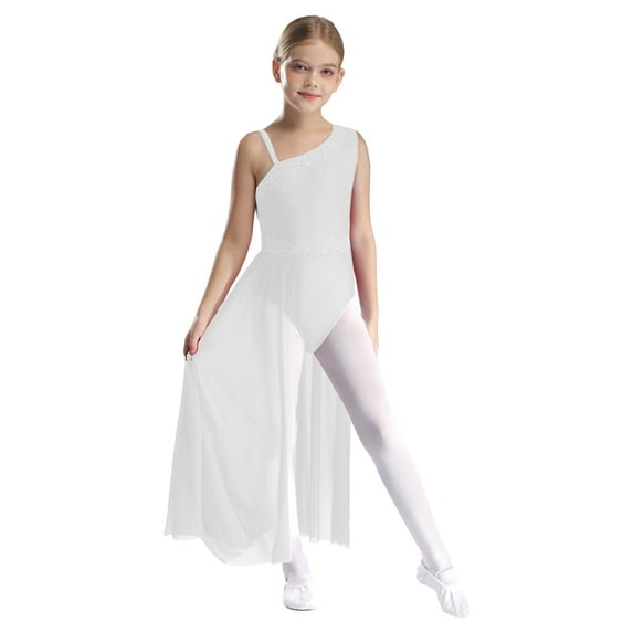 Miutii Kids Girls Sparkly Rhinestone Lyrical Dance Dress Mesh Tulle Skirt Leotard Modern Contemporary Dance Costume White 6