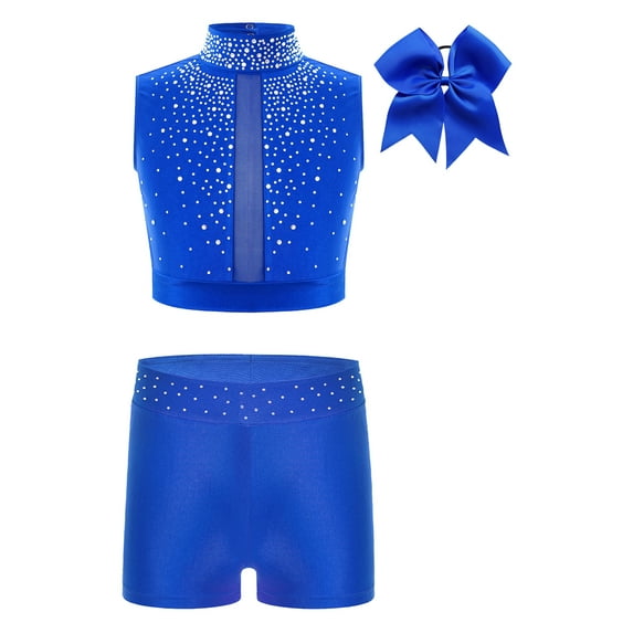 Miutii Kids Girls Tracksuit Sports Outfits Ballet Gymnastics Costume Athletic Crop Top with Shorts and Headwear Blue 12