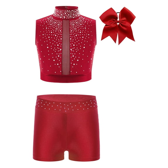 Miutii Kids Girls Tracksuit Sports Outfits Ballet Gymnastics Costume Athletic Crop Top with Shorts and Headwear Burgundy 12