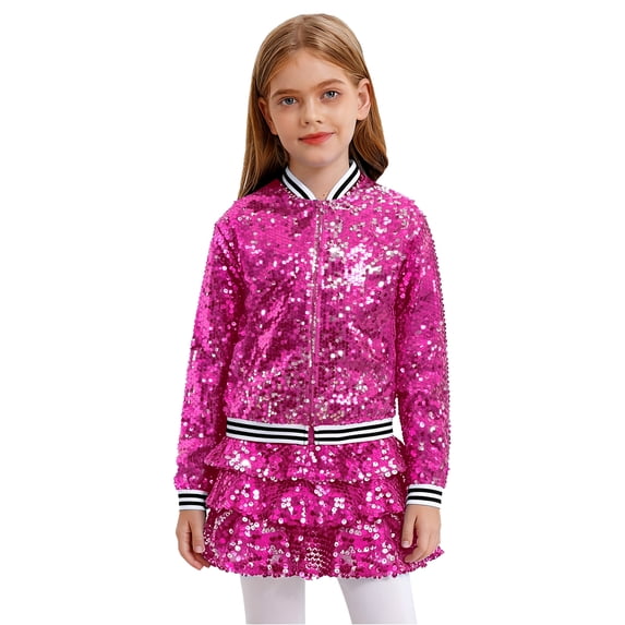 Miutii Kids Girls Two Piece Modern Jazz Dancewear Sequins Latin Dance Skirts Outfits Hip Hop Performance Clothes Set Hot Pink 6