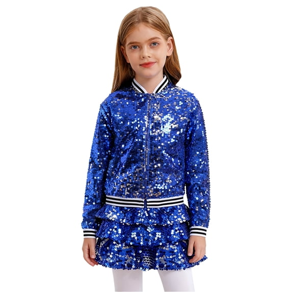 Miutii Kids Girls Two Piece Modern Jazz Dancewear Sequins Latin Dance Skirts Outfits Hip Hop Performance Clothes Set Royal Blue 12