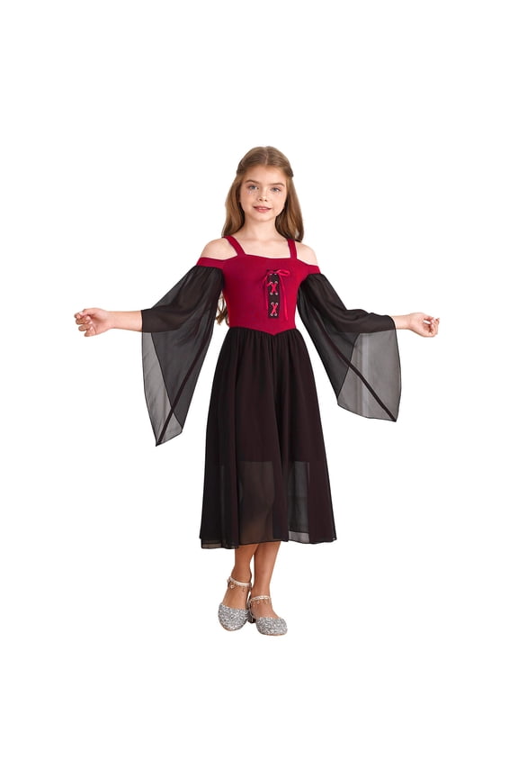 Kids Medieval Gothic Dress Girls Renaissance Princess Dress Carnival Holiday Party Vintage Gown Robe Red 4