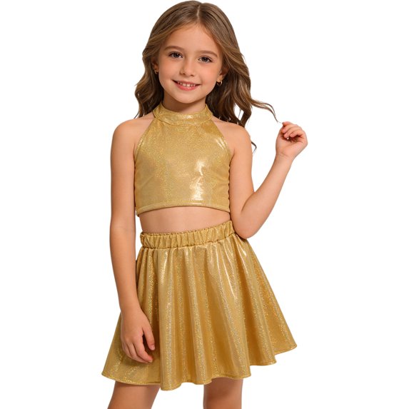 Miutii Kids Shiny Jazz Disco Outfits Cheer Outfit Hip Hop Dance Dress Sets for Competitions Cha-cha Gold 2-6