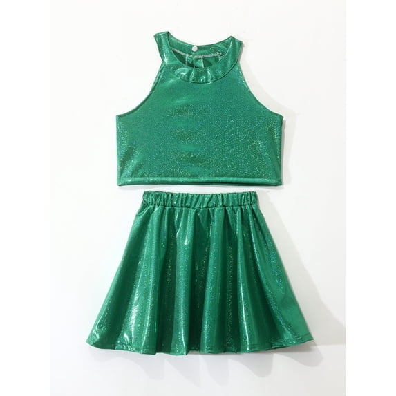Miutii Kids Shiny Jazz Disco Outfits Cheer Outfit Hip Hop Dance Dress Sets for Competitions Cha-cha Green 10-14