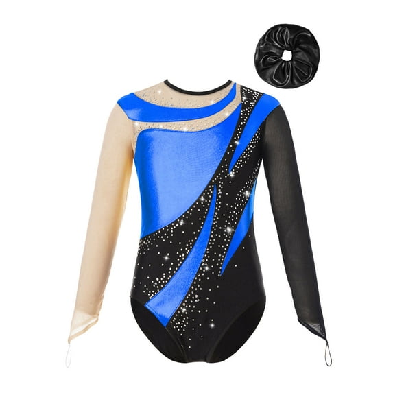 Miutii Long Sleeve Ballet Dance Gymnastics Leotards for Girls Sparkle Color Block Unitards with Hair Band Royal Blue&Black 6
