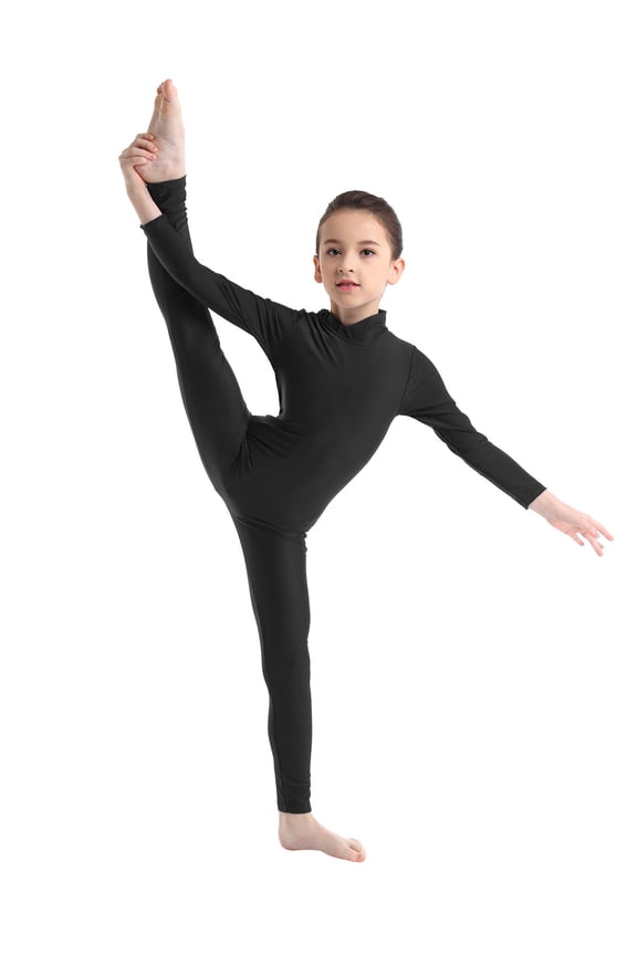 Long Sleeve Ballet Dance Unitards for Kids Girls Turtleneck Full Body Jumpsuit Bodysuit Gymnastics Leotards Black 15-16