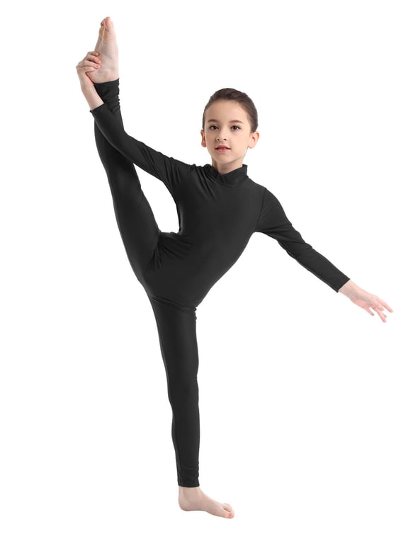 Long Sleeve Ballet Dance Unitards for Kids Girls Turtleneck Full Body Jumpsuit Bodysuit Gymnastics Leotards Black 5-6