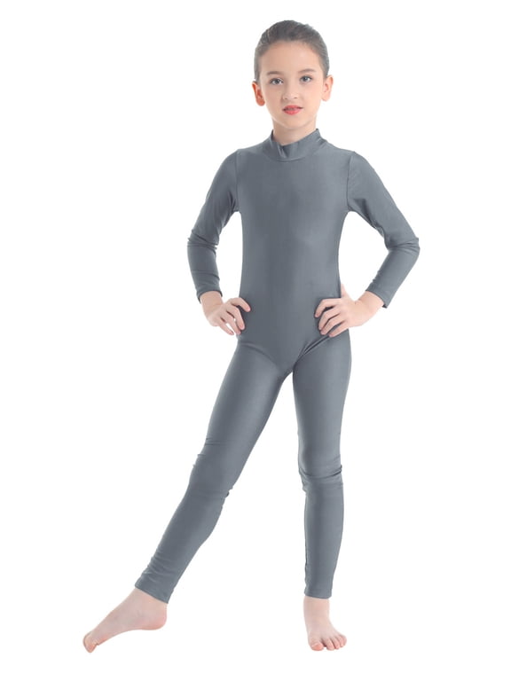 Long Sleeve Ballet Dance Unitards for Kids Girls Turtleneck Full Body Jumpsuit Bodysuit Gymnastics Leotards Dark Grey 5-6
