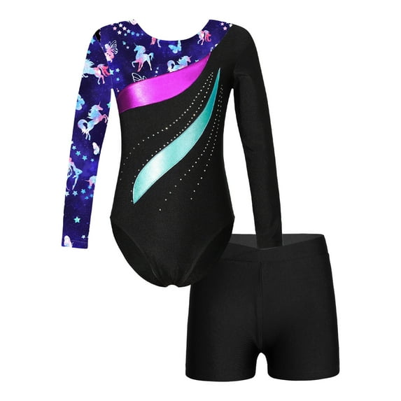 Miutii Long Sleeve Gymnastic Leotard Outfits for Kids Girls Printed Bodysuit Unitard with Athletic Navy Blue 12