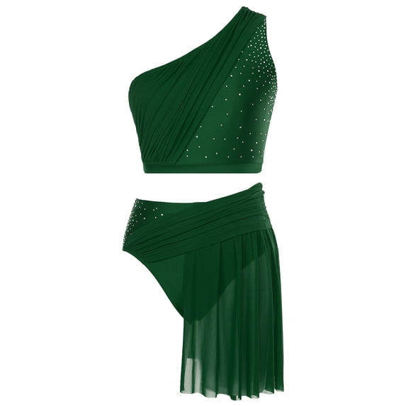 Miutii Lyrical Dance Dress Women One Shoulder Crop Top with Mesh Skirted Briefs Ballet Dance Outfit Green S