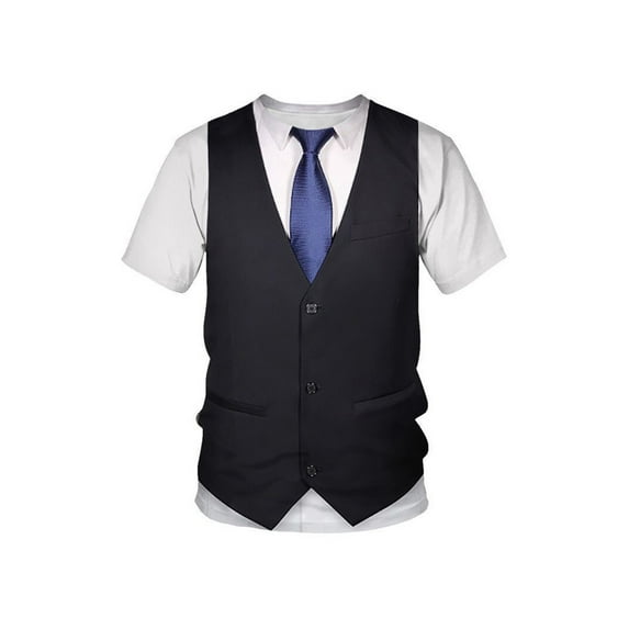 Miutii Men Short Sleeve Formal Tuxedo Fake Suit Vest Shirt 3D Printed Bowtie T Shirt Black 3XL