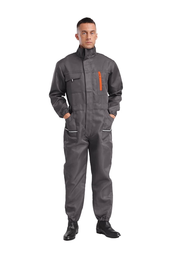 Men's Long Sleeve Coverall Mechanic Work Jumpsuit with Multi Pockets Cotton Blend Workwear Gray 170/L