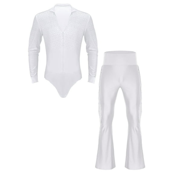 Miutii Mens Long Sleeve Latin Modern Dance Shirt Tango Rumba Bodysuit with Flared Pants Set White XXL