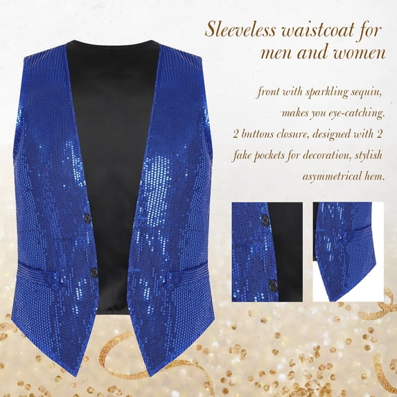 Miutii Mens Sequin Vest Shiny Party Sleeveless Waistcoat Button V-Neck Vest Jacket Tuxedo Ugly Royal Blue M