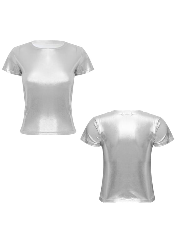 Shiny Tops for Women Metallic Short Sleeve Round Neck Tee Shirt Slim Fit Disco T-Shirts Silver L