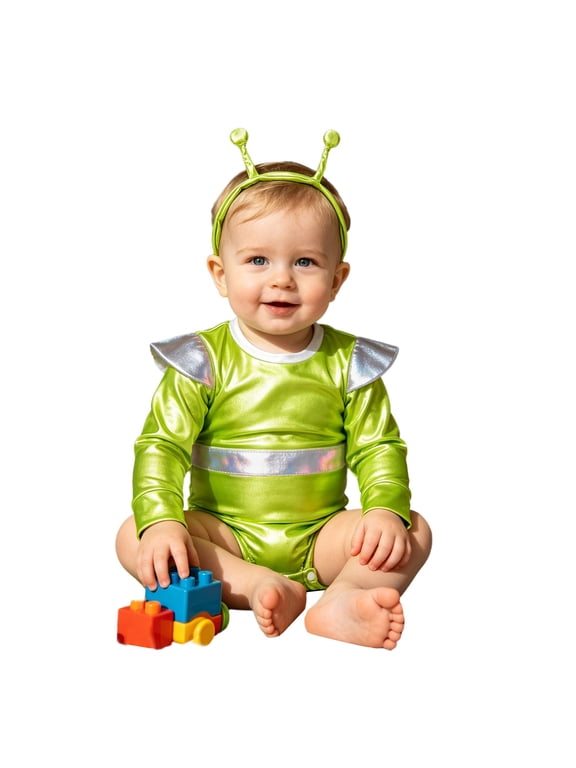 Toddler Baby Alien Bodysuit Long Sleeve Holographic Romper Space Themed Party Outfit Headband for Photoshoots Fluorescent Green 2-3