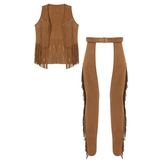 Miutii Western Cowboy Outfits Men Tasseled Jacket and Chaps Cowboy Clothes for Carnival Party Brown XXL