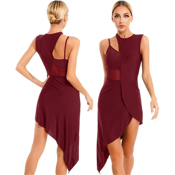 Miutii Women Elegant Sleeveless Cutout Lyrical Modern Contemporary Dress Mesh Patchwork Latin Burgundy M