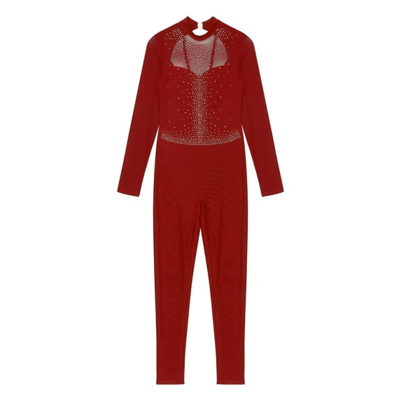 Miutii Women Gymnastics Leotard Unitard Shiny Rhinestone Full Length Figure Ice Skating Jumpsuit Burgundy S