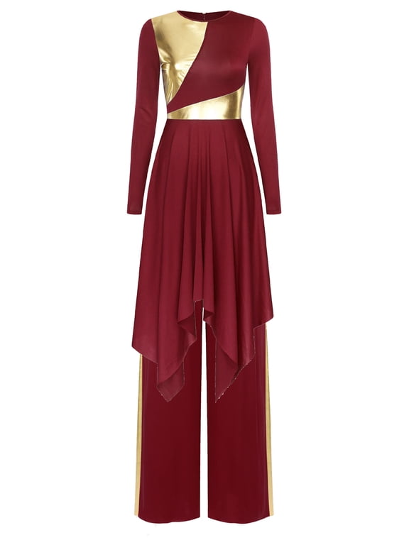 Women Metallic Color Block Praise Dance Dress with Wide-Leg Pants Worship Liturgical Lyrical Dance Outfits Burgundy L