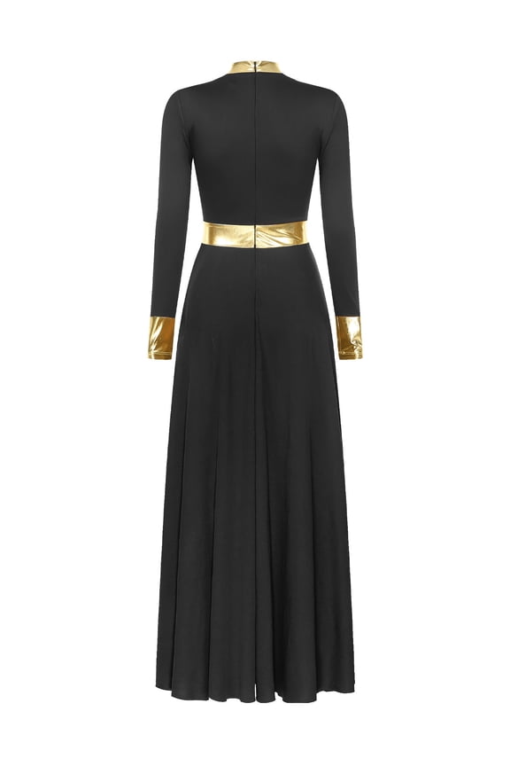 Women Metallic Gold Liturgical Praise Dance Dress Long Sleeve Lyrical Dancewear Church Worship Black S