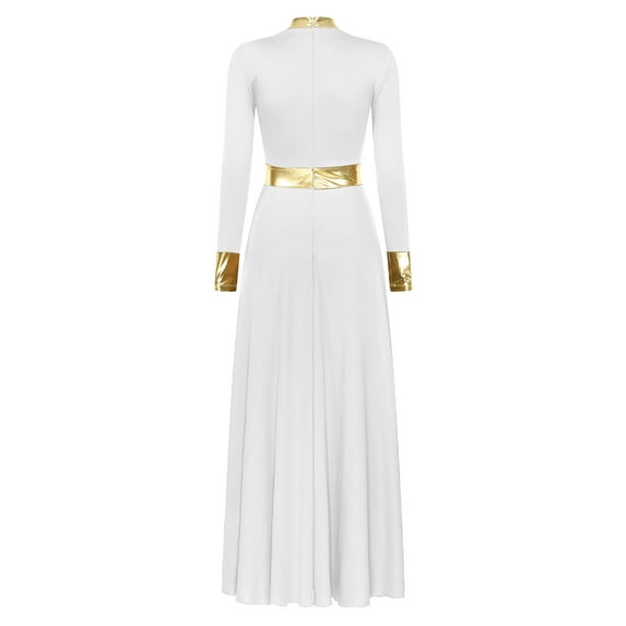 Miutii Women Metallic Gold Liturgical Praise Dance Dress Long Sleeve Lyrical Dancewear Church Worship White S