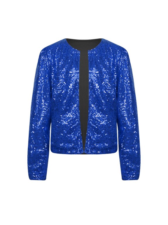 Women Party Club Cocktail Sparkly Jacket Sequins Cardigan Coat Outerwear Slim Fit Cover Ups Royal Blue S
