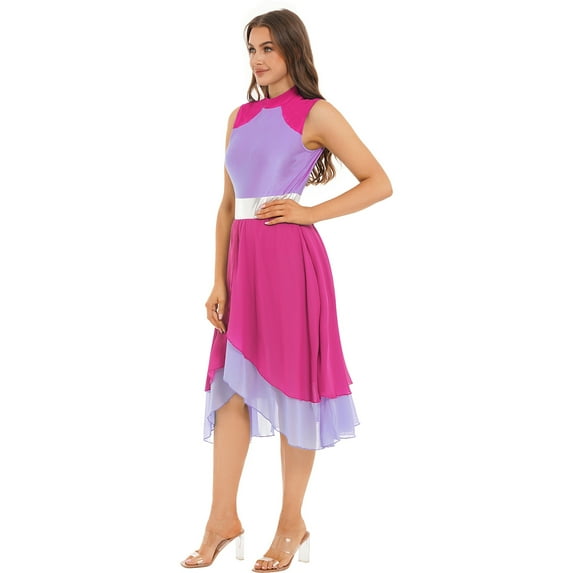 Miutii Women Praise Dance Dress Color Block Sleeveless Asymmetrical Hem Leotard Lyrical Contemporary Hot Pink&Light Purple L
