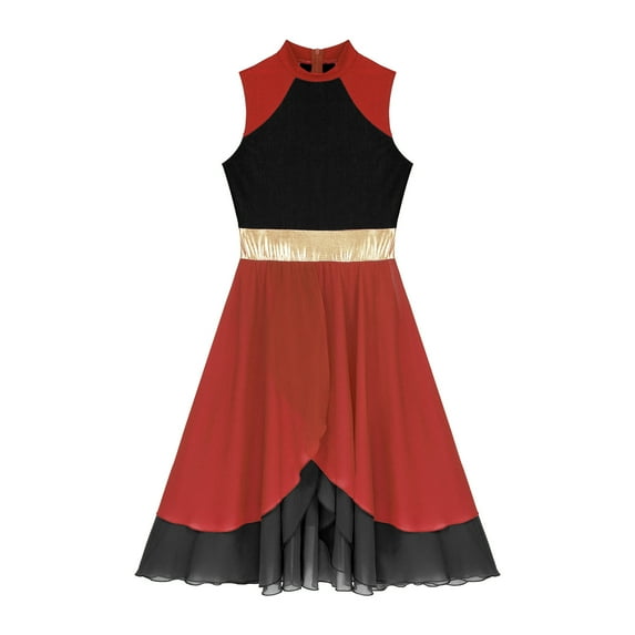 Miutii Women Praise Dance Dress Color Block Sleeveless Asymmetrical Hem Leotard Lyrical Contemporary Red&Black S