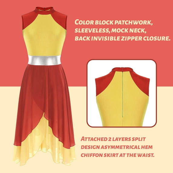 Miutii Women Praise Dance Dress Color Block Sleeveless Asymmetrical Hem Leotard Lyrical Contemporary Red&Yellow S