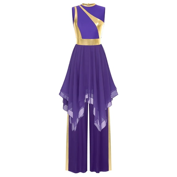 Miutii Women Praise Dance Outfit Metallic Block Asymmetric Overlay Dress And Pants Worship Lyrical Dress Purple S