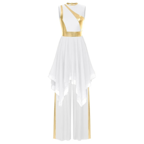 Miutii Women Praise Dance Outfit Metallic Block Asymmetric Overlay Dress And Pants Worship Lyrical Dress White S