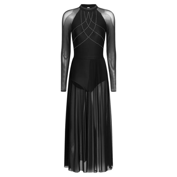 Miutii Women Rhinestone Long Lyrical Dance Dress Long Sleeve Flowy Split Maxi Dress Contemporary Black L