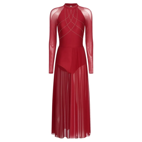 Miutii Women Rhinestone Long Lyrical Dance Dress Long Sleeve Flowy Split Maxi Dress Contemporary Burgundy XL