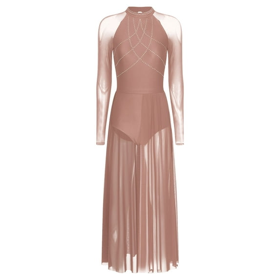 Miutii Women Rhinestone Long Lyrical Dance Dress Long Sleeve Flowy Split Maxi Dress Contemporary Dusty Pink S