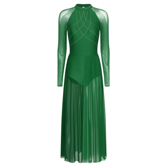 Miutii Women Rhinestone Long Lyrical Dance Dress Long Sleeve Flowy Split Maxi Dress Contemporary Green S